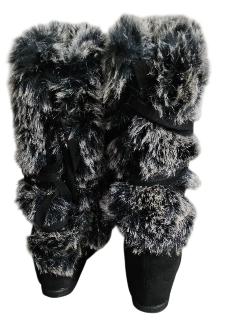 Black Faux Suede SZ 6 Lace-Up Gray Faux Fur Trim Boots